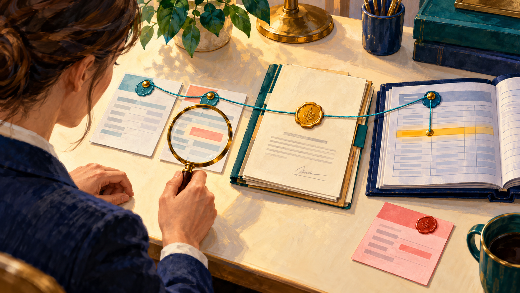 A reviewer links changed transaction details to independent approval and the resulting ledger record.