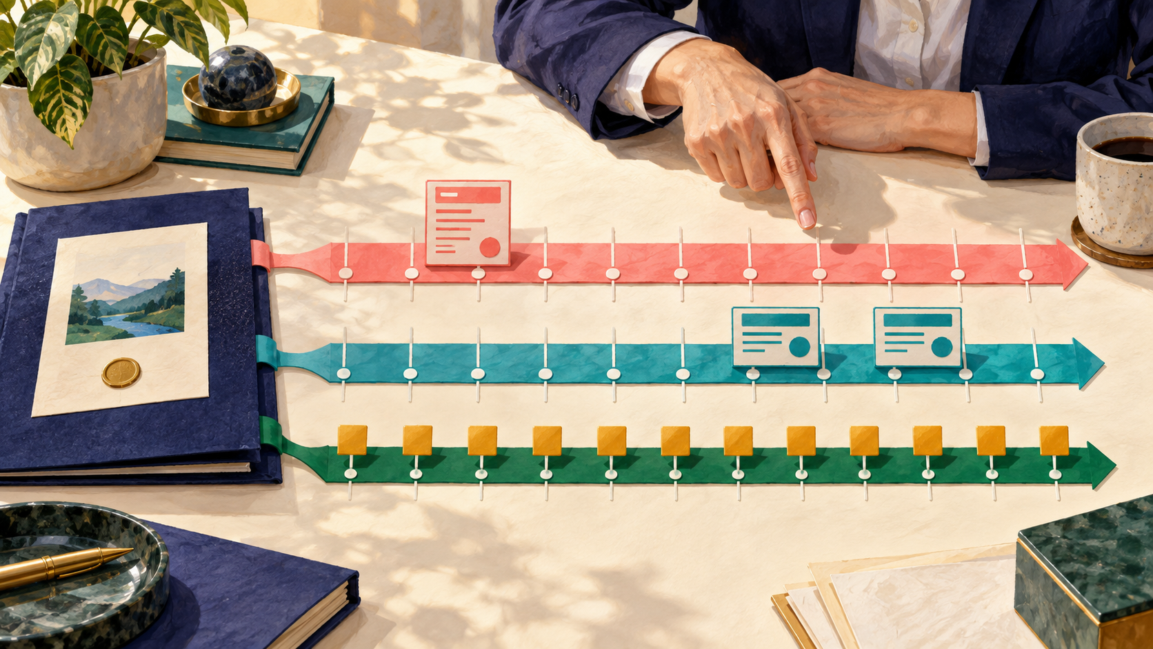 One contract anchors separate timelines for an invoice, later cash receipts and evenly spread service-period revenue.