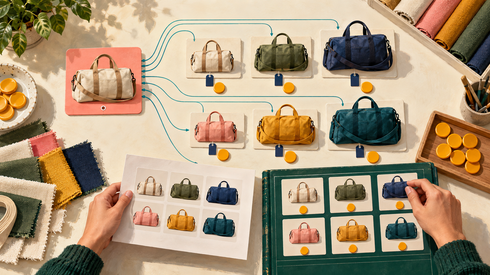A parent product fans out into six sellable bag variants with individual inventory identities.
