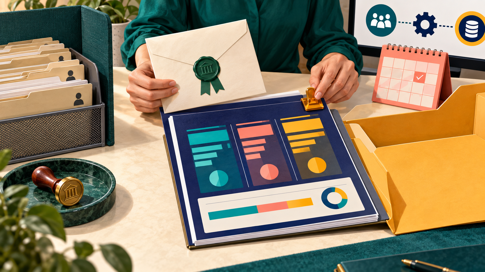 A payroll analyst checks a private summary, period and journal-control packet before accounting approval.