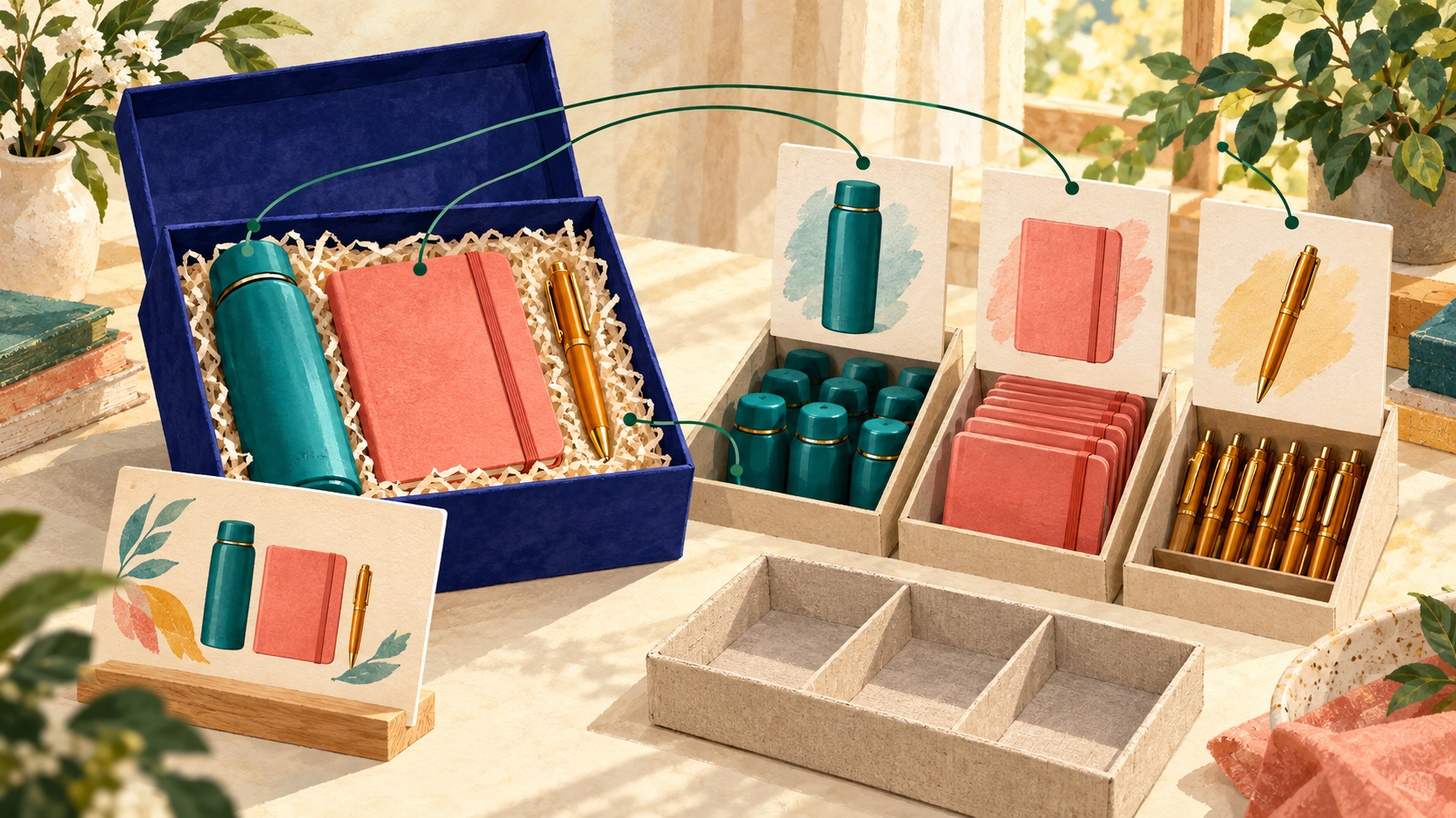 An ecommerce gift bundle connects a bottle, notebook and pen to separate component-stock records.