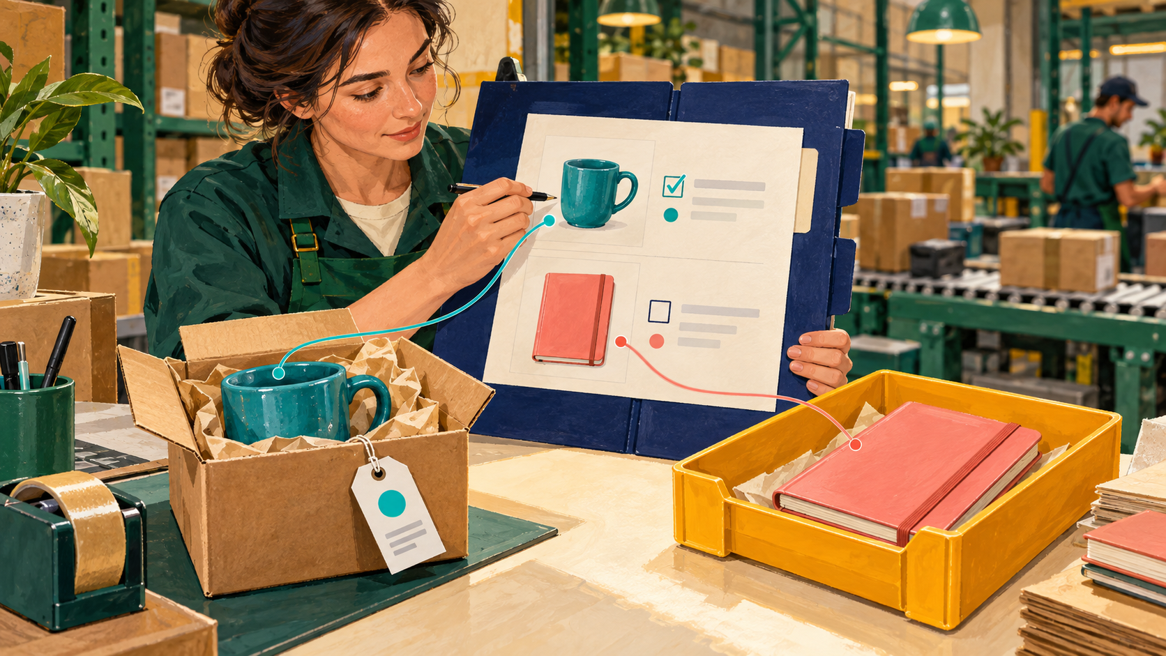 A warehouse coordinator traces one shipped product and one waiting product to their individual order lines.