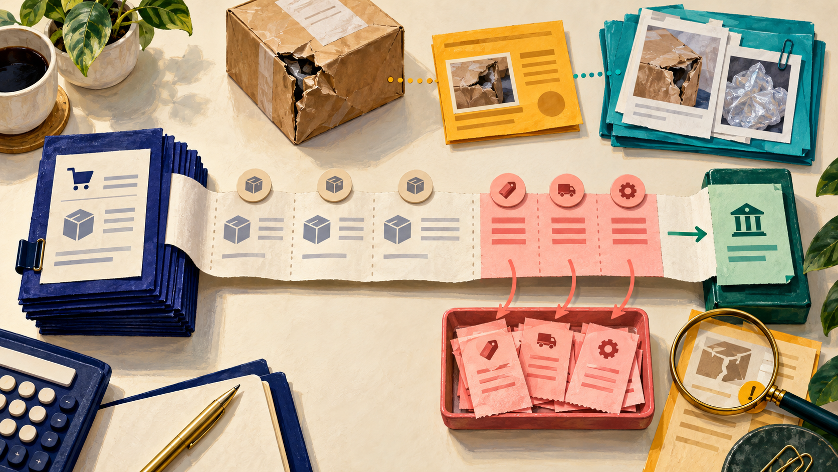 Marketplace sales and fee records reconcile to a bank receipt while damaged-stock reimbursement claims remain separate.