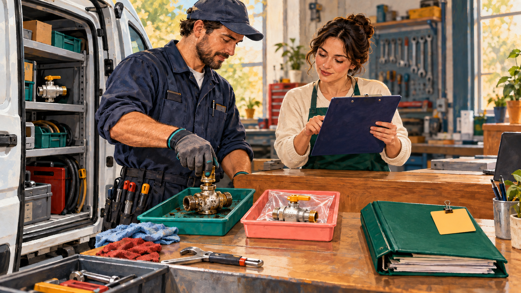 A service technician and coordinator compare used and unused valves with work-order and invoice records.
