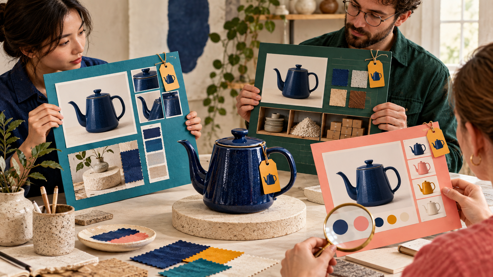 Product stewards compare content, stock and online assortment records for one consistently identified kettle.