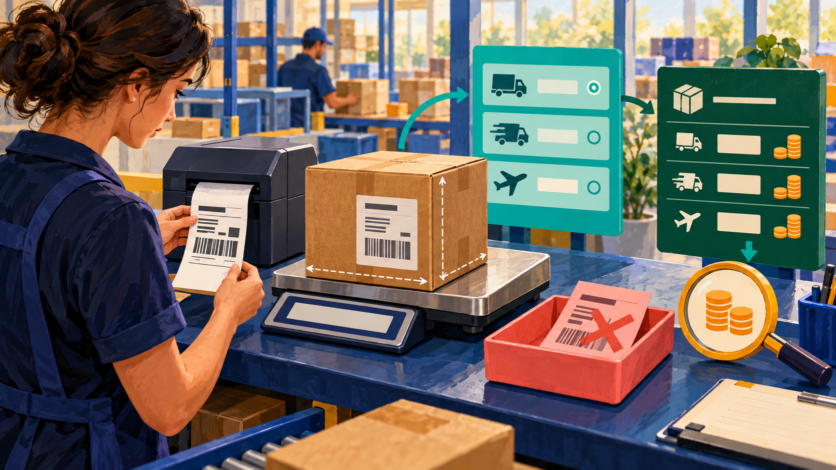 A shipping coordinator checks a parcel, label, selected carrier service and freight charges, with a canceled label kept separate.