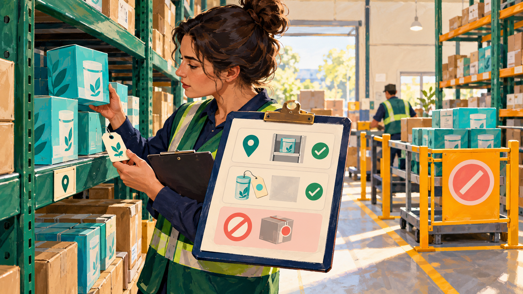 A picker checks product, location and inventory-status evidence before releasing an available-looking carton.