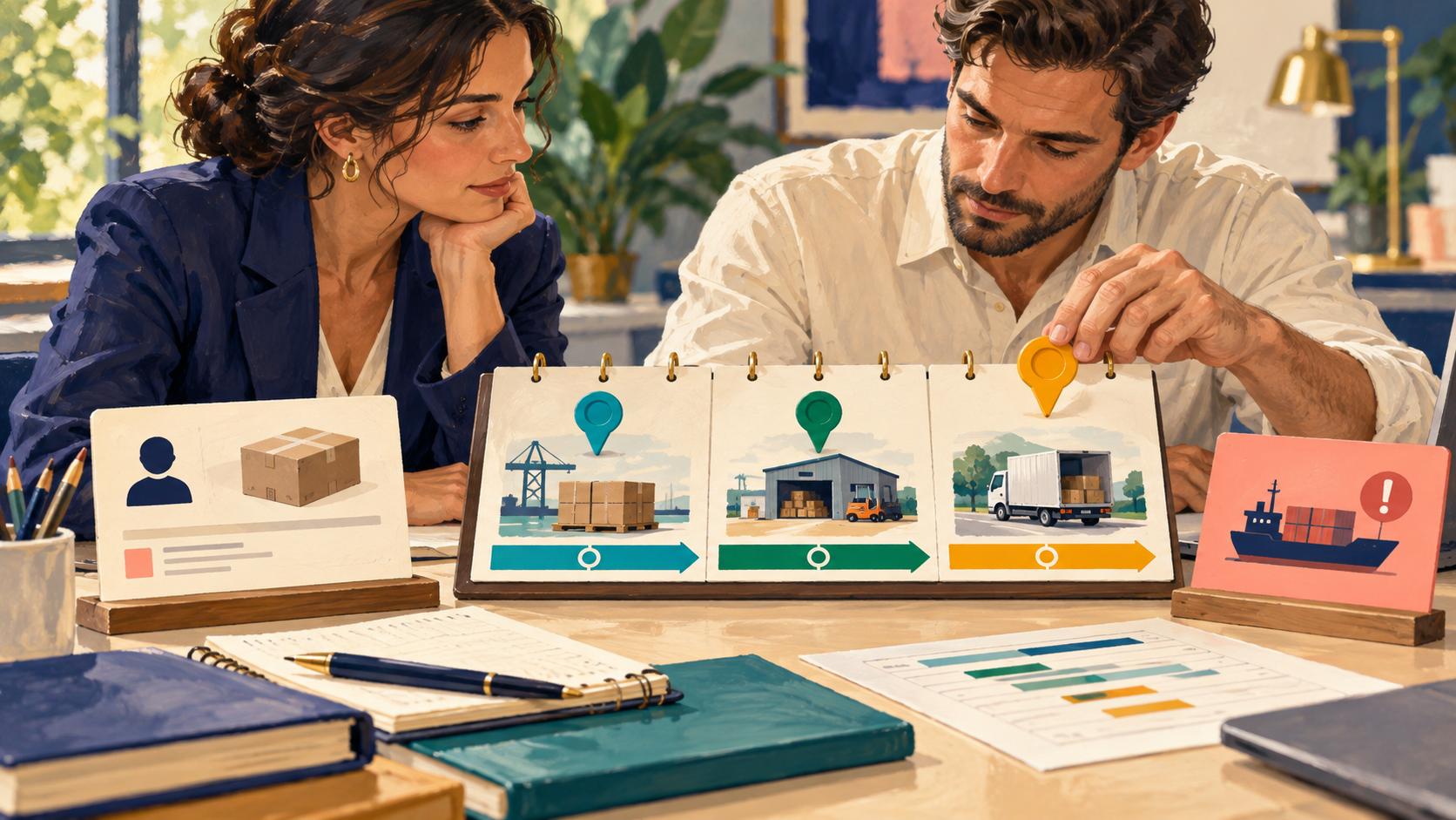 Two planners compare inbound supply, warehouse processing and dispatch evidence before committing a customer date.