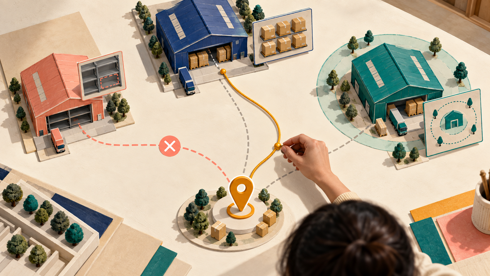 An analyst selects an eligible warehouse route while excluding a nearer location without the required stock.