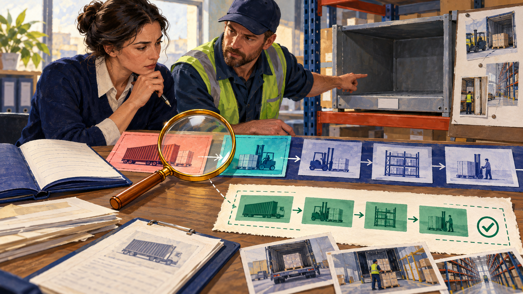A controller and warehouse supervisor inspect a shipment recorded before its matching receipt and compare the proposed corrected sequence.