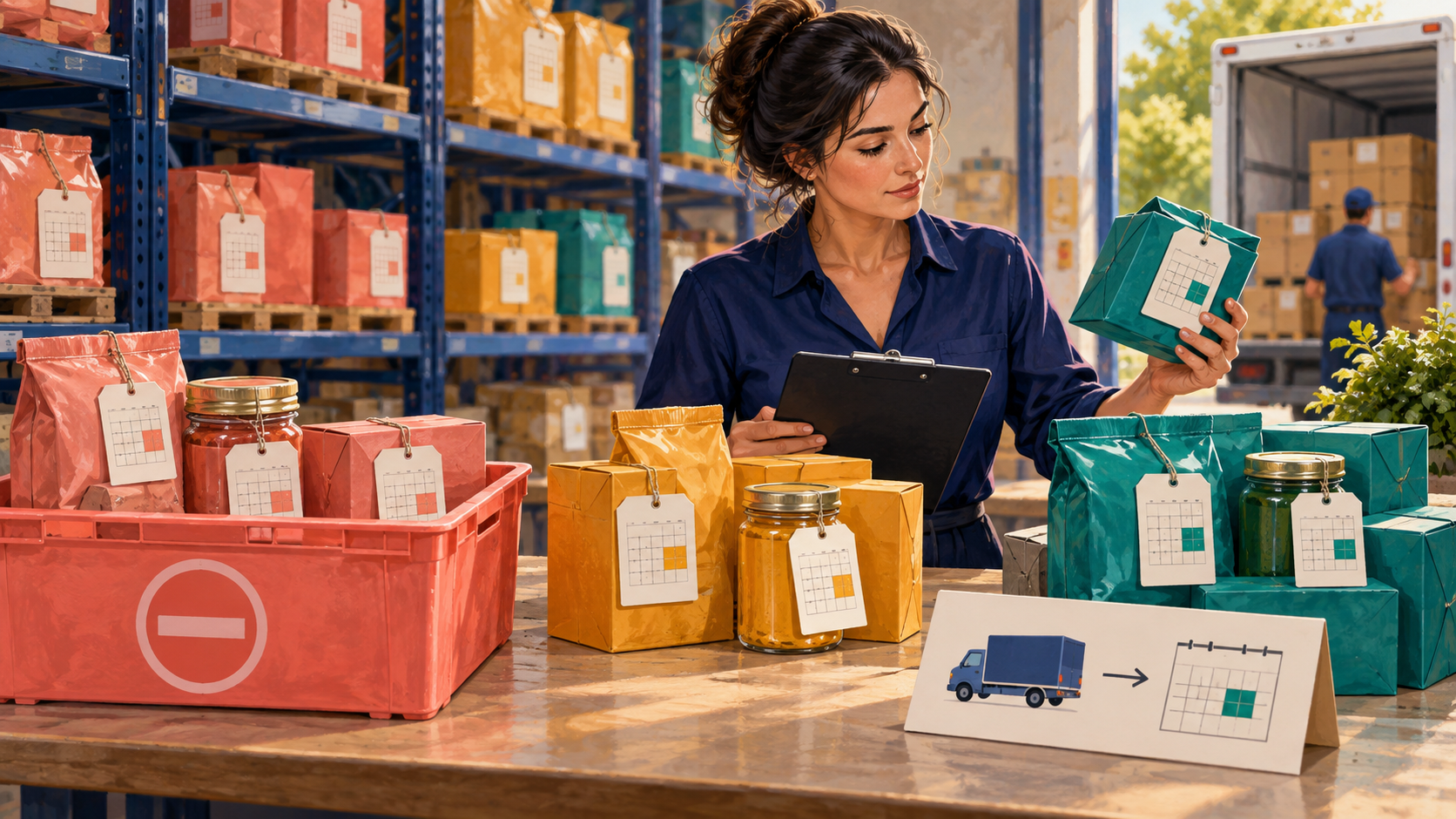 An inventory planner compares expiry tags with a delivery calendar while isolating an ineligible early-expiry lot.