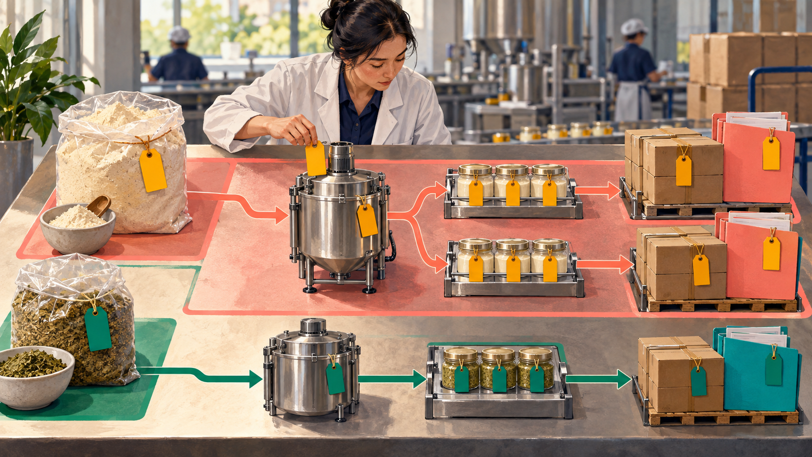 A quality analyst traces one tagged ingredient through finished batches and shipments while an unaffected batch remains separate.