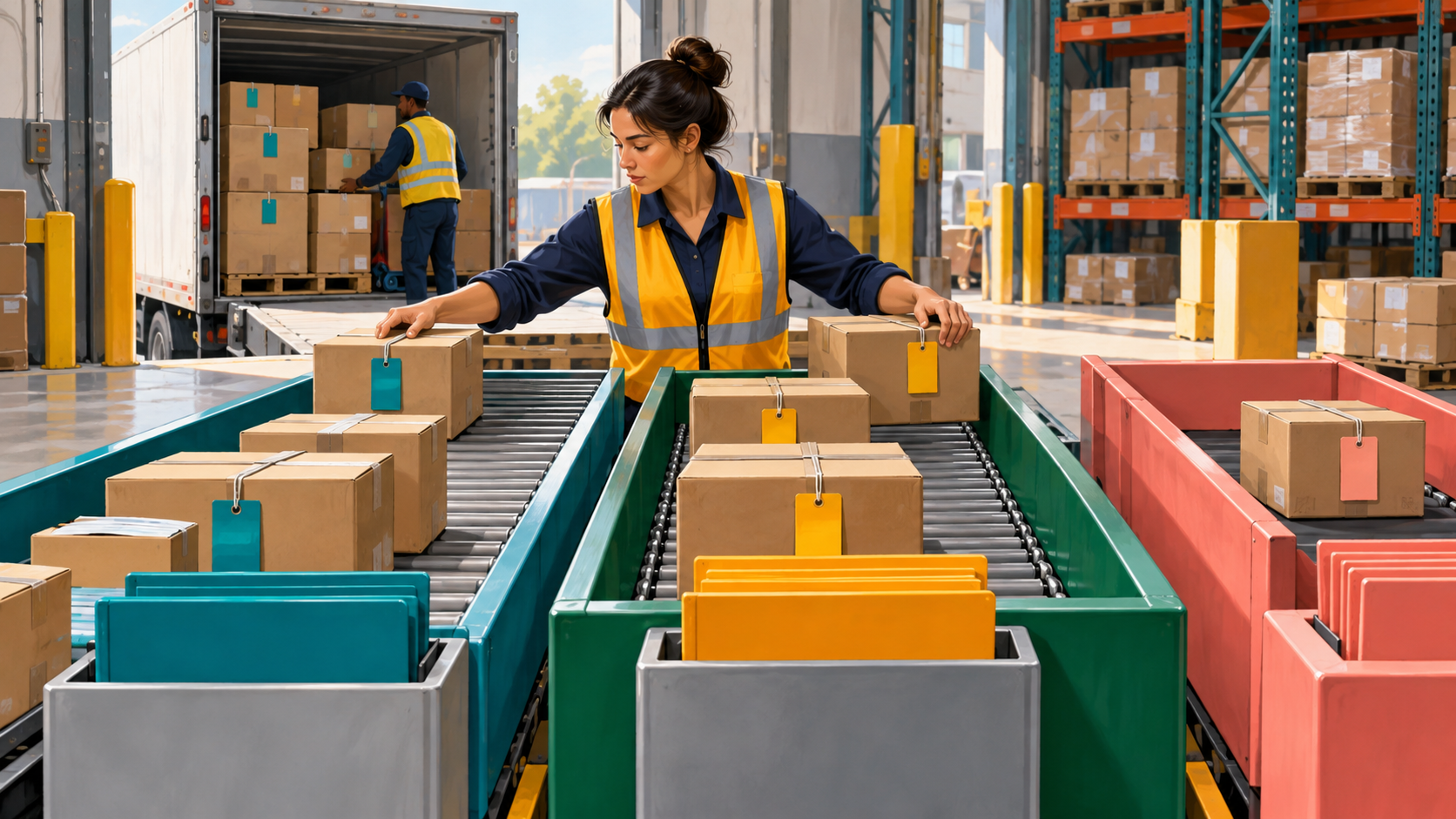 Incoming cartons split between two outbound order lanes while inspection-held stock remains isolated.