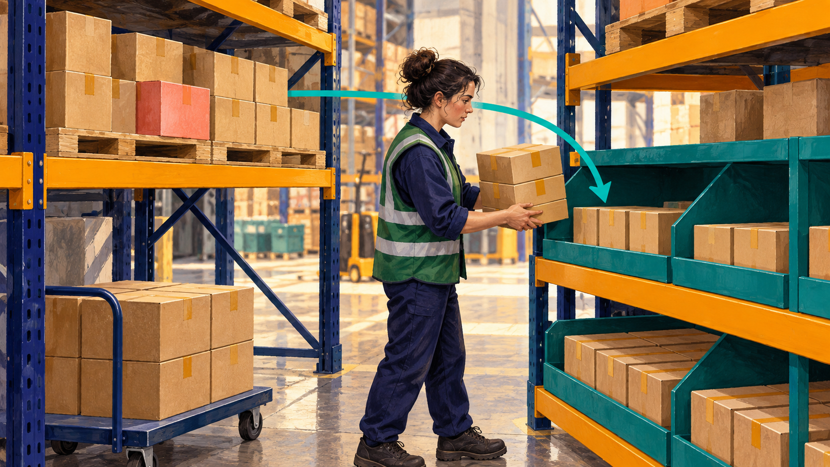 A warehouse operator replenishes a low pick face from reserve stock while a wrong-lot carton stays held.