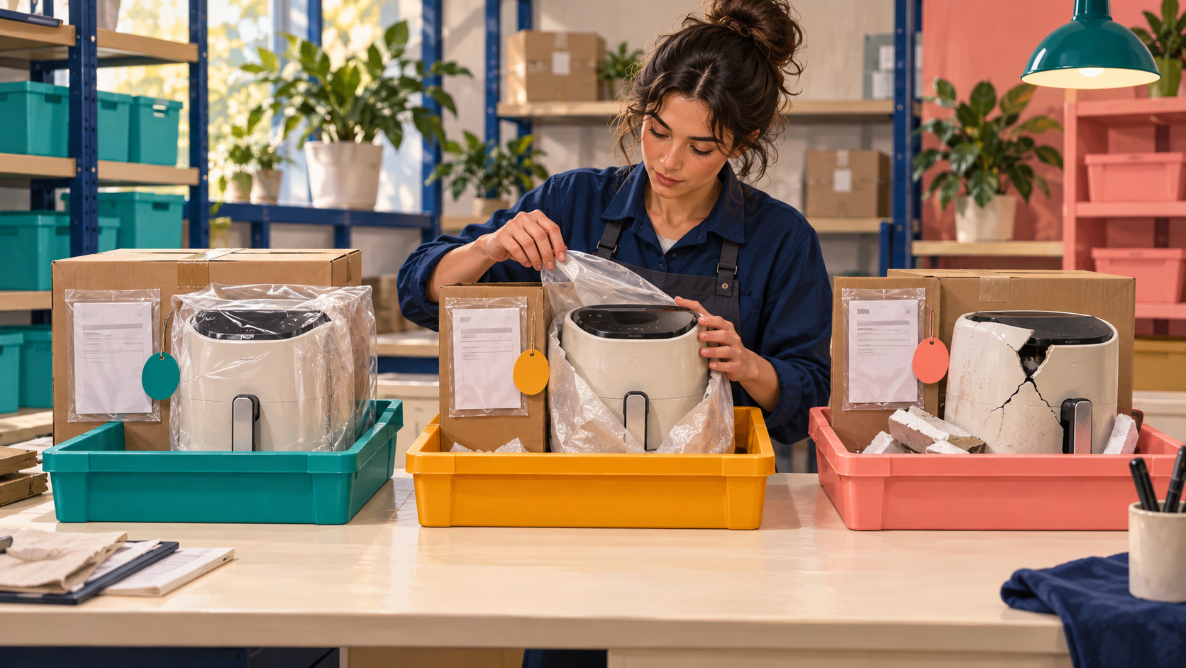 A returns inspector separates saleable, awaiting-inspection and damaged returned appliances.