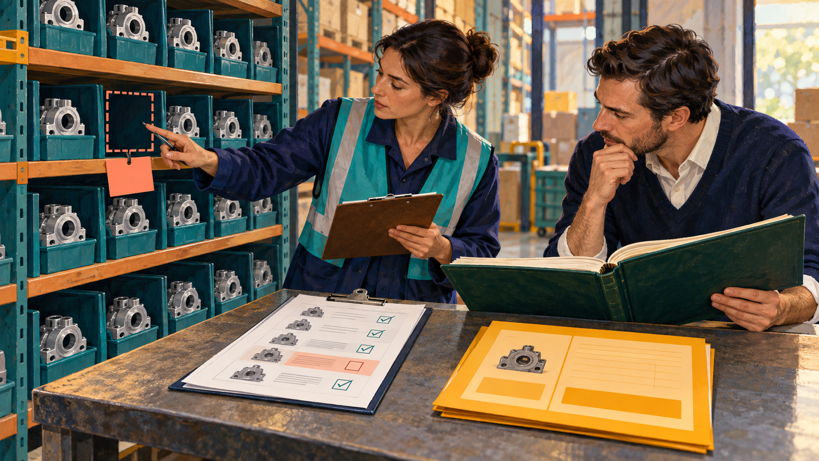 A warehouse supervisor and controller compare a physical shortage with an adjustment proposal and valuation evidence.