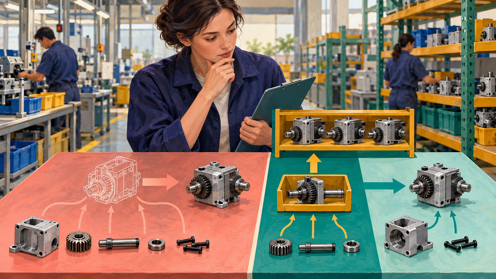 A manufacturing planner compares components flowing through a phantom assembly with a separately stocked physical subassembly.
