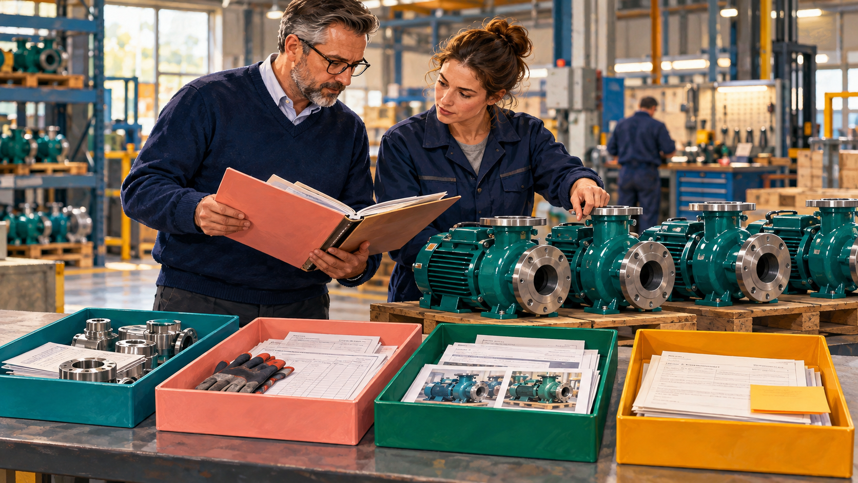 A controller and production lead compare completed pumps with material, labor and unfinished work-order evidence.