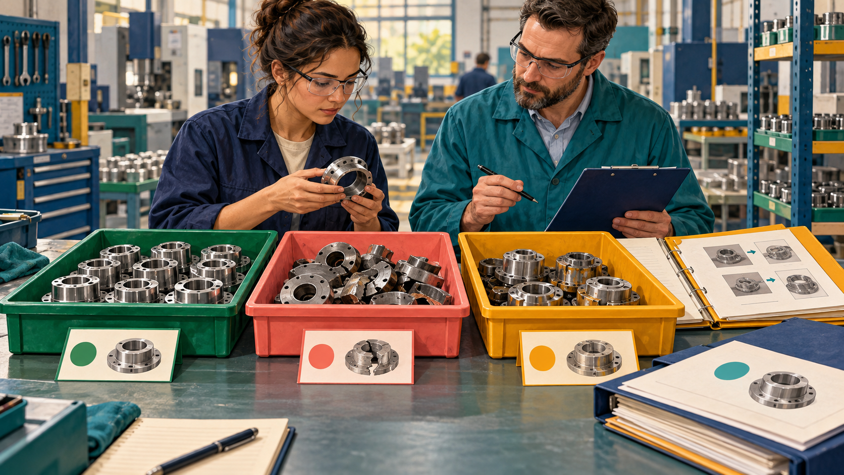 Quality and production colleagues separate accepted parts, damaged scrap and repairable units into distinct recorded dispositions.