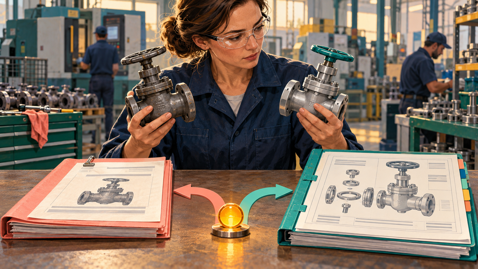 An engineer reviews a substitute valve against a one-order exception and a future bill-of-materials revision.