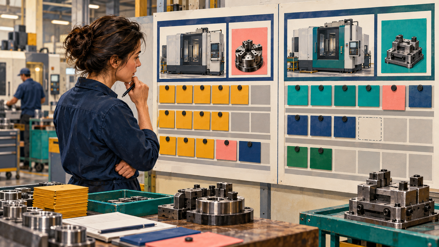 A production planner compares an overloaded work-center schedule with a second station having different tooling.