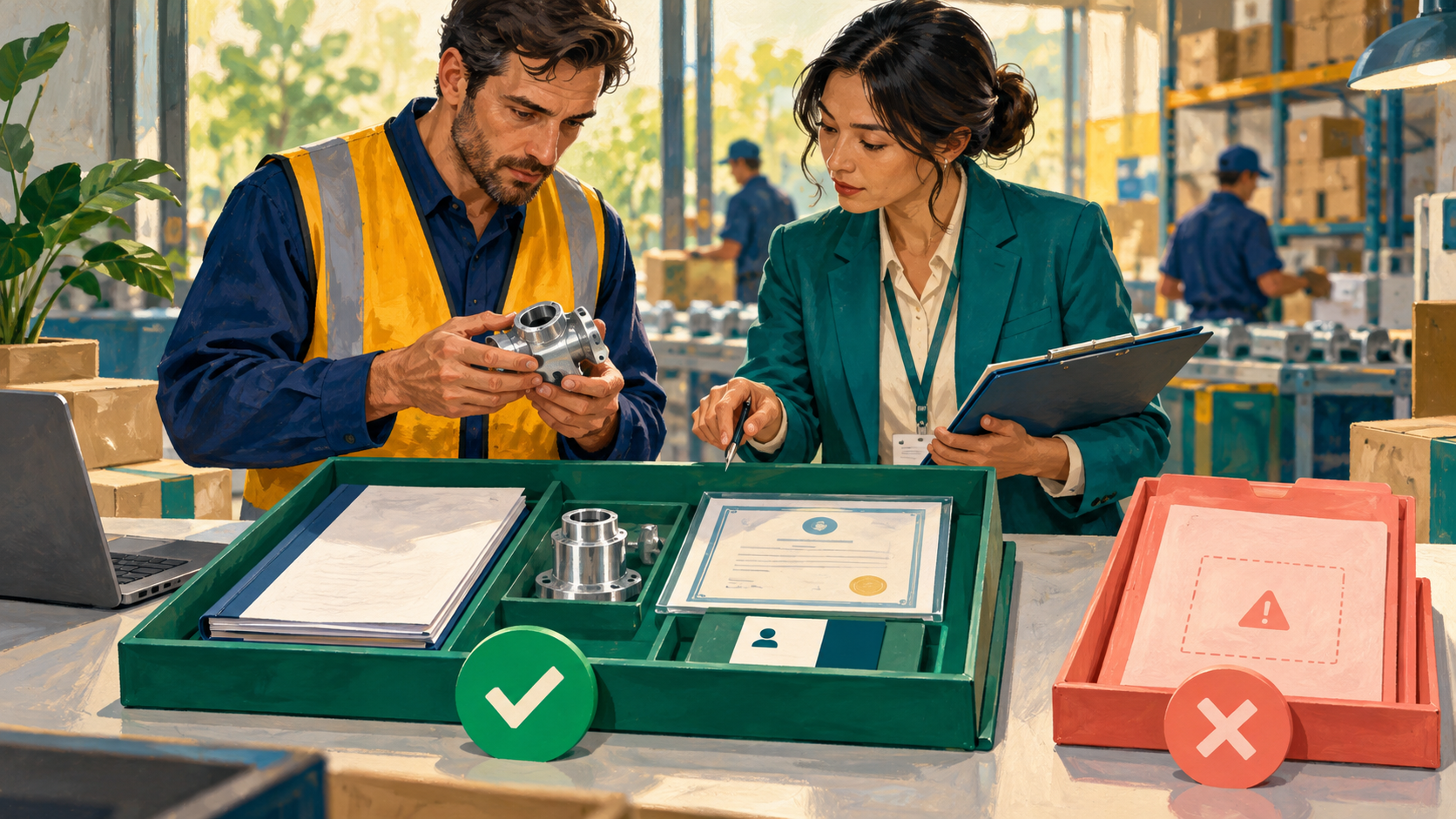 Procurement and quality reviewers inspect supplier evidence and a sample before approving a first purchase order.