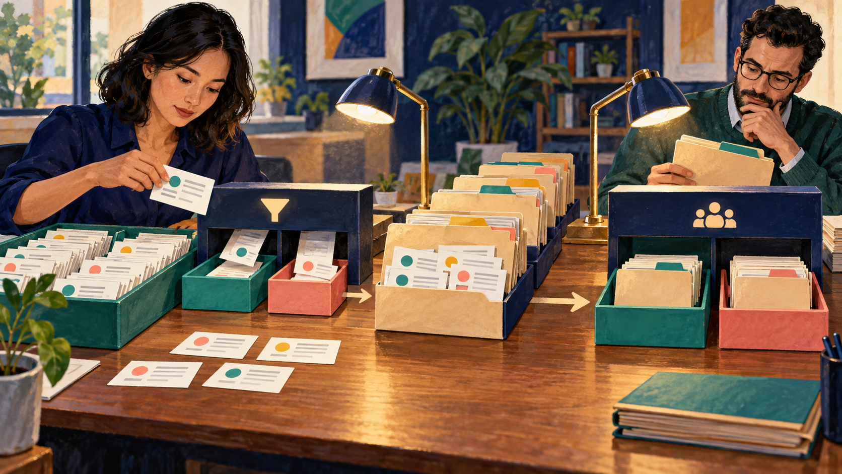 Transaction cards pass a detail-level filter before grouped customer folders reach a separate summary filter.