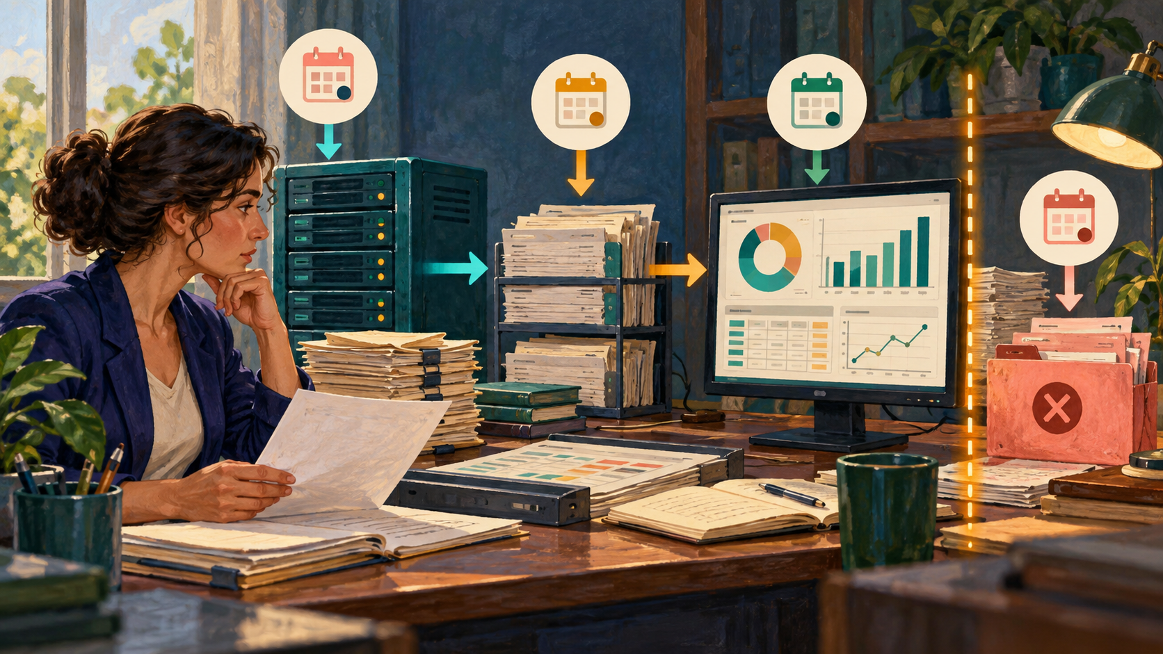 A reporting analyst reviews ERP, staging and dashboard refresh boundaries while holding a failed batch outside the accepted result.