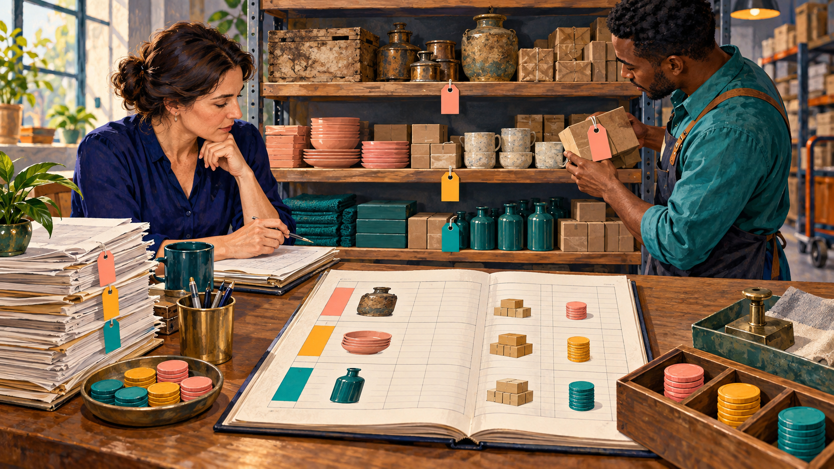 Finance and warehouse colleagues reconcile aged receipt cohorts, quantities and values without discarding held stock.