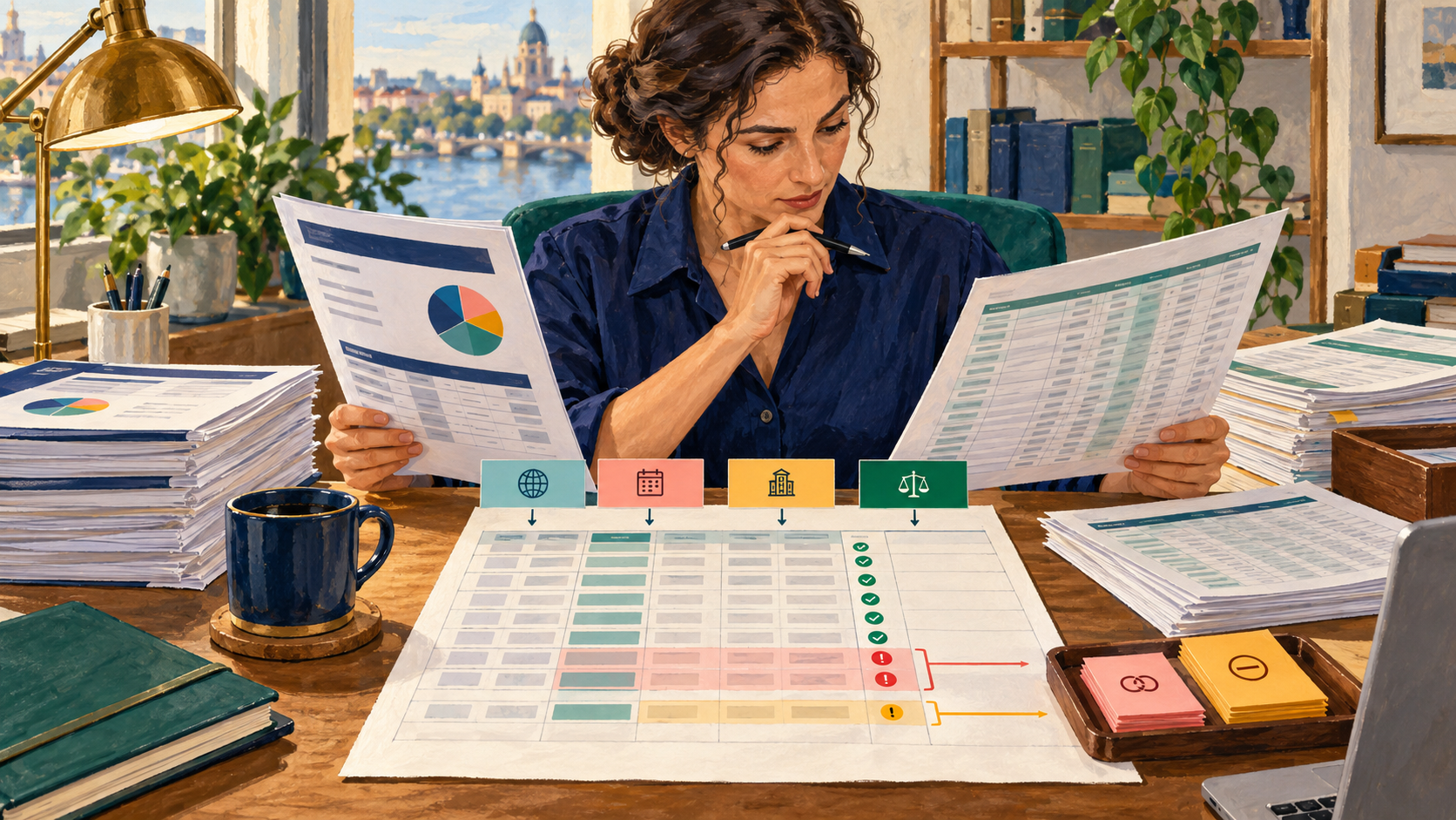 A controller compares a financial report and export through matching scope cards and a row-level reconciliation.