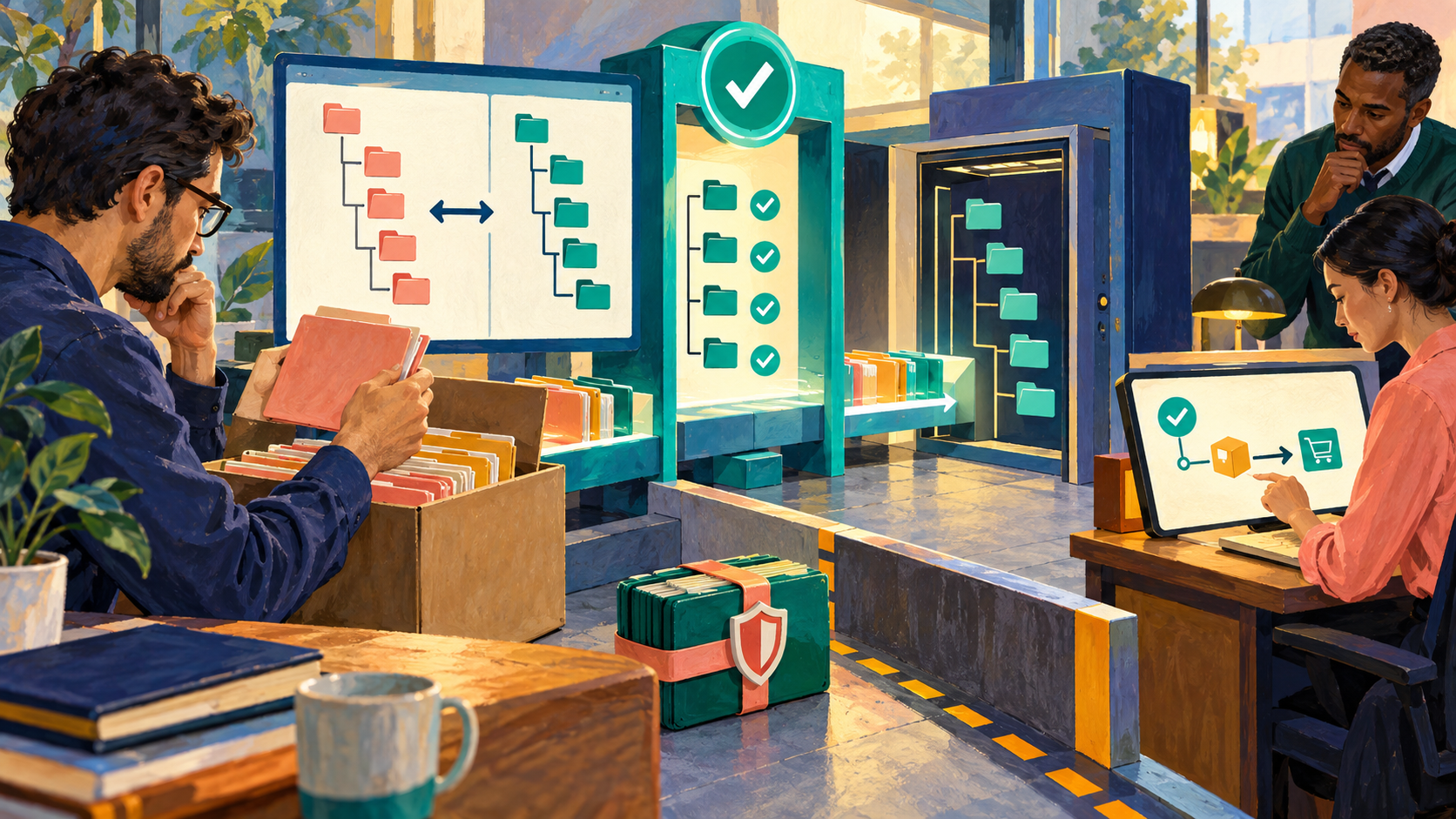 An engineer checks a versioned release package at a validation gate and a separate business-acceptance gate.