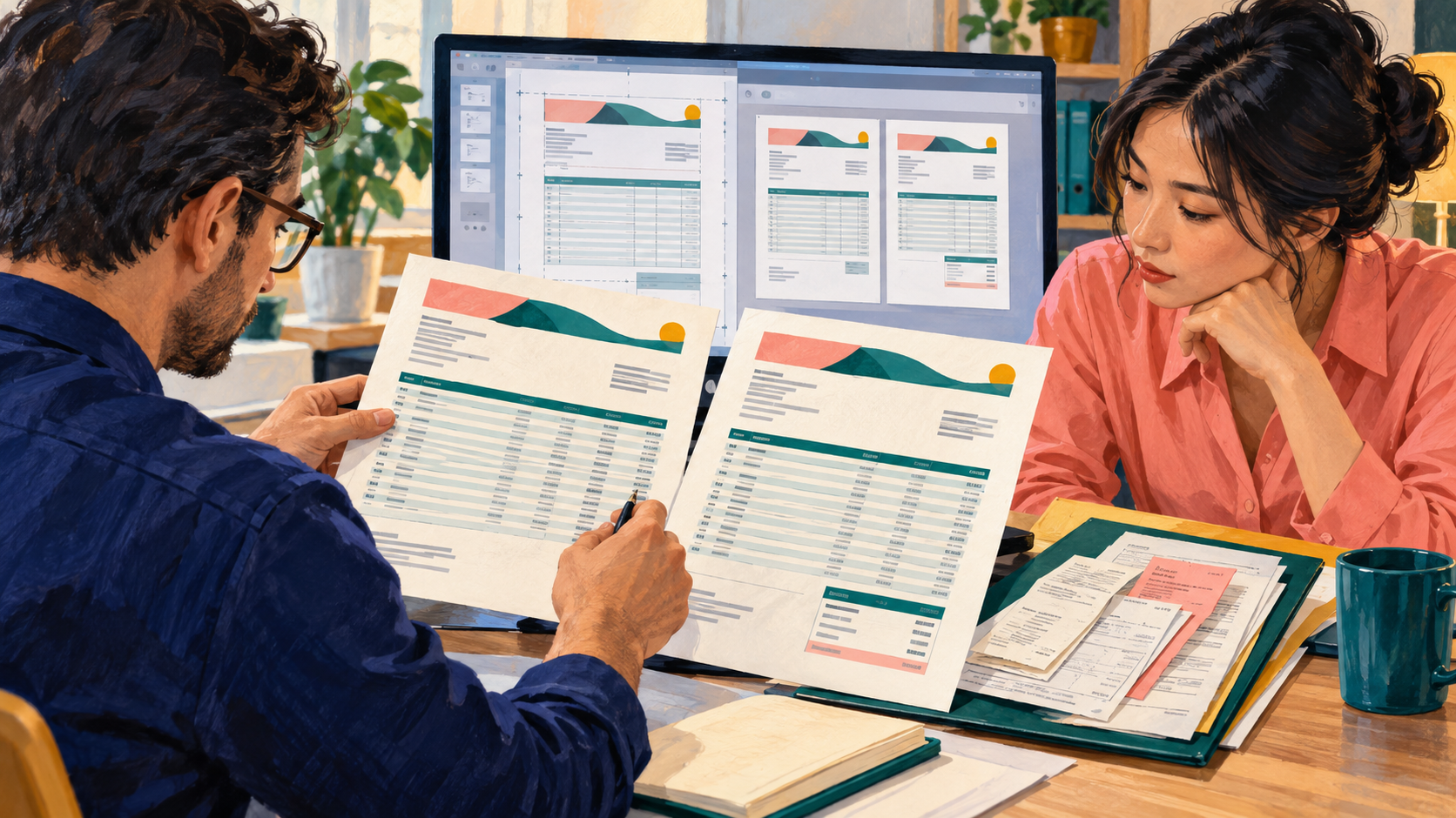 A document specialist checks real transaction printouts, page boundaries, repeated headers and totals against source evidence.