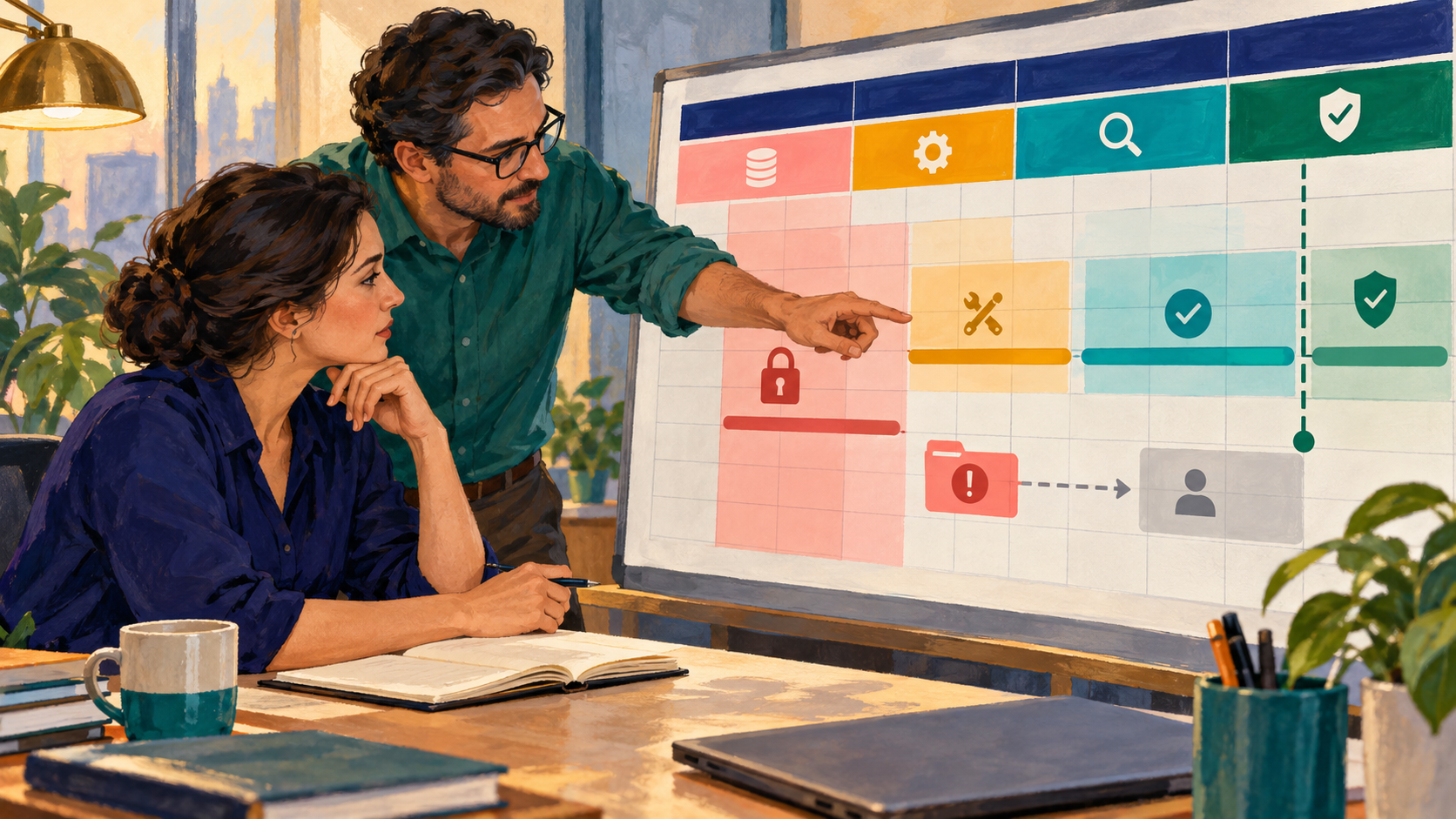 Business and release leads compare a protected process period, change window, verification time and recovery boundary.