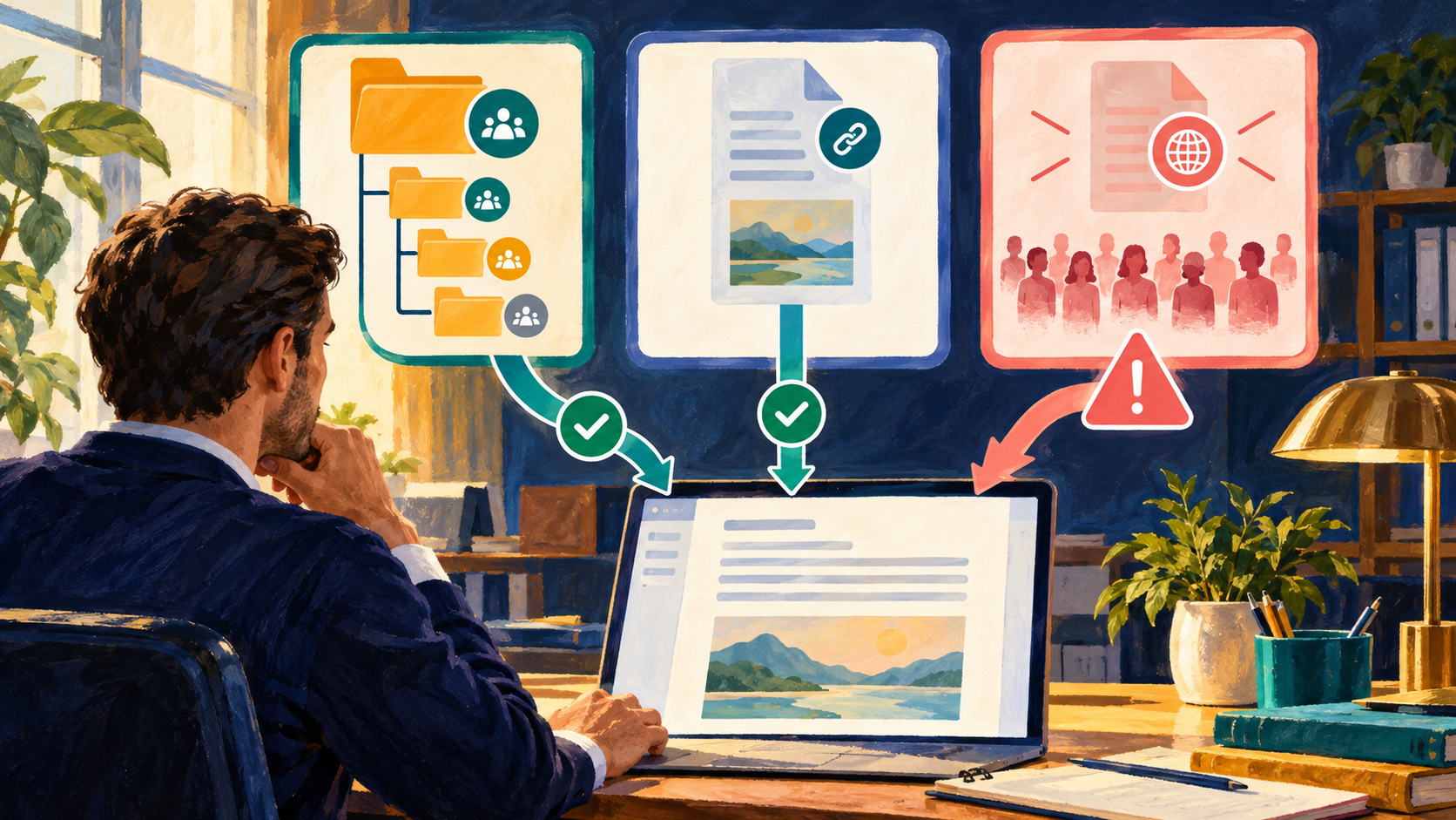 An administrator checks document access through restricted folders, direct links and global availability settings.