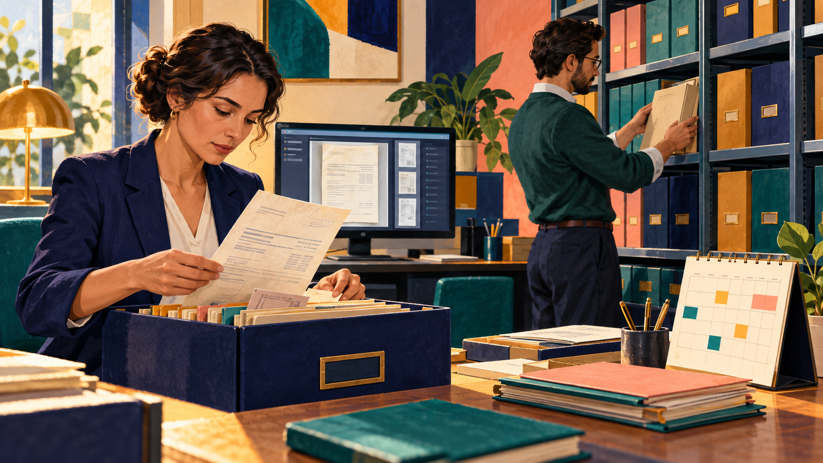 A finance reviewer retrieves legacy documents through a maintained archive while a backup owner tests access.