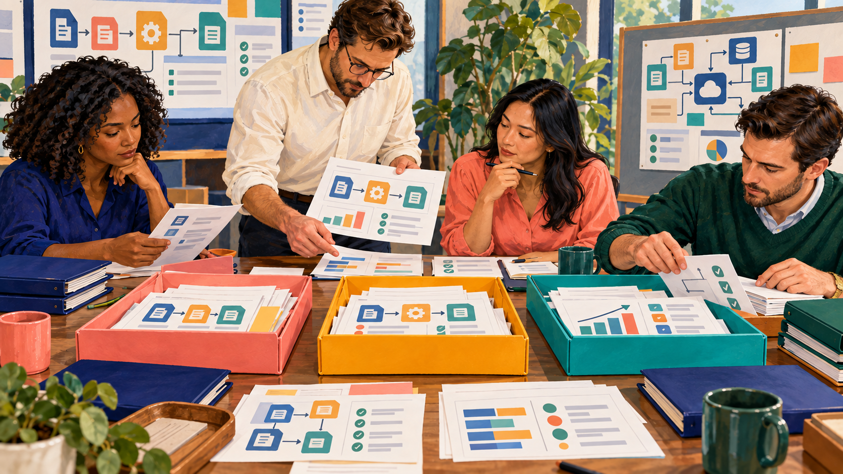 A post-project review sorts findings into unfinished obligations, corrective work and new improvements.
