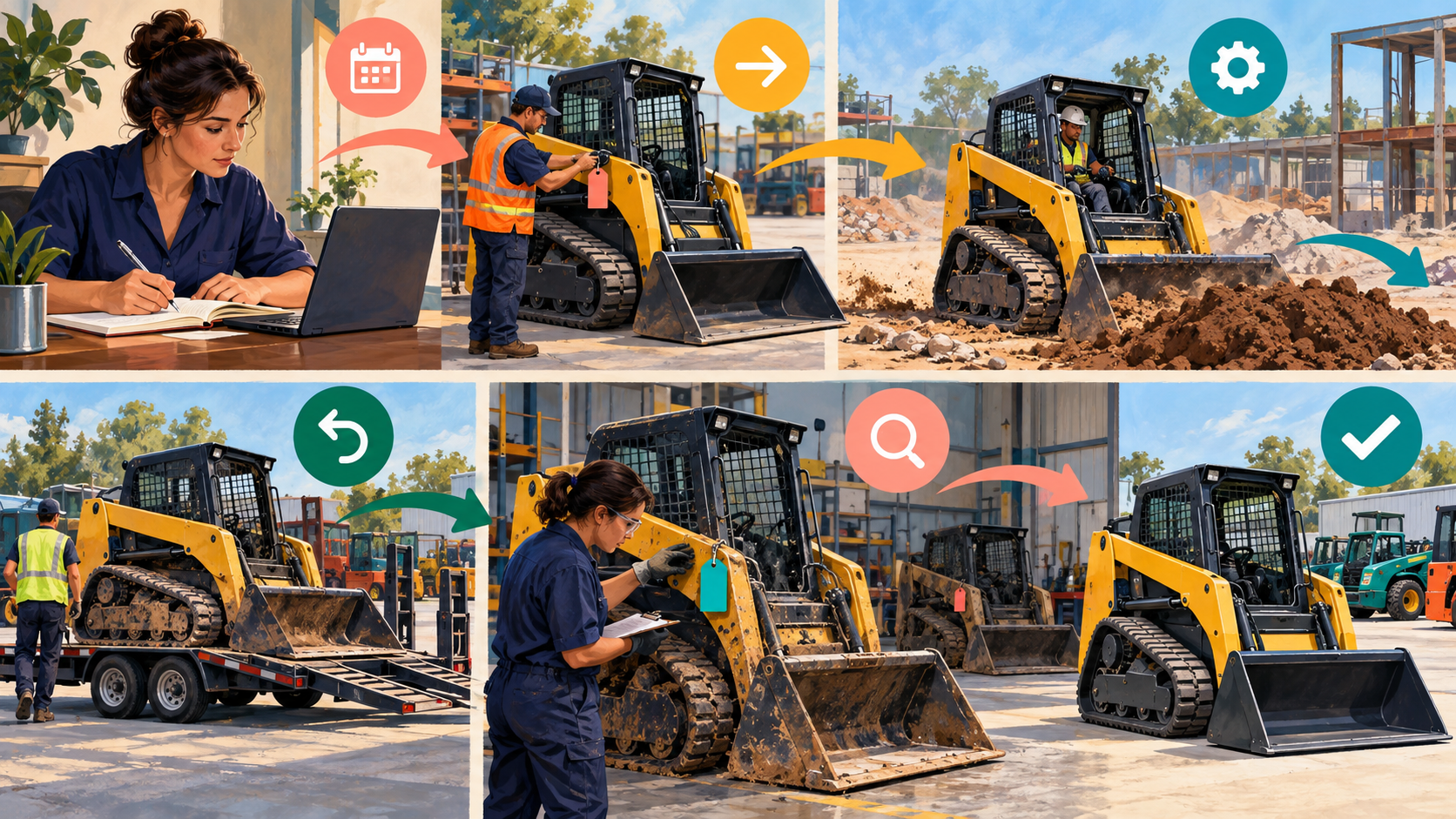 Rental equipment moves from reservation through on-rent, off-rent, inspection and invoice reconciliation.