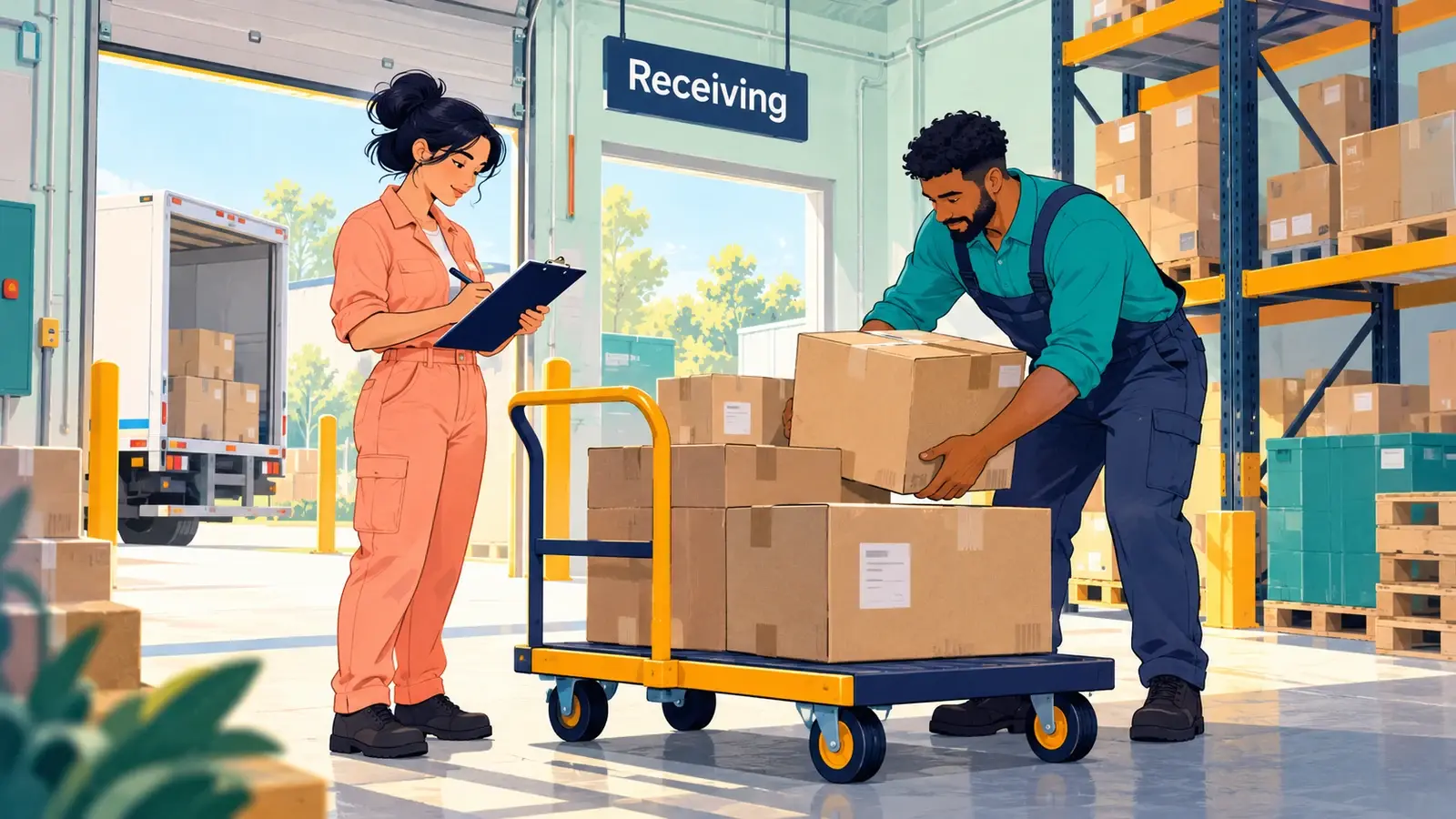 Two warehouse workers verify cartons at a receiving bay with a hand trolley and stocked shelves.