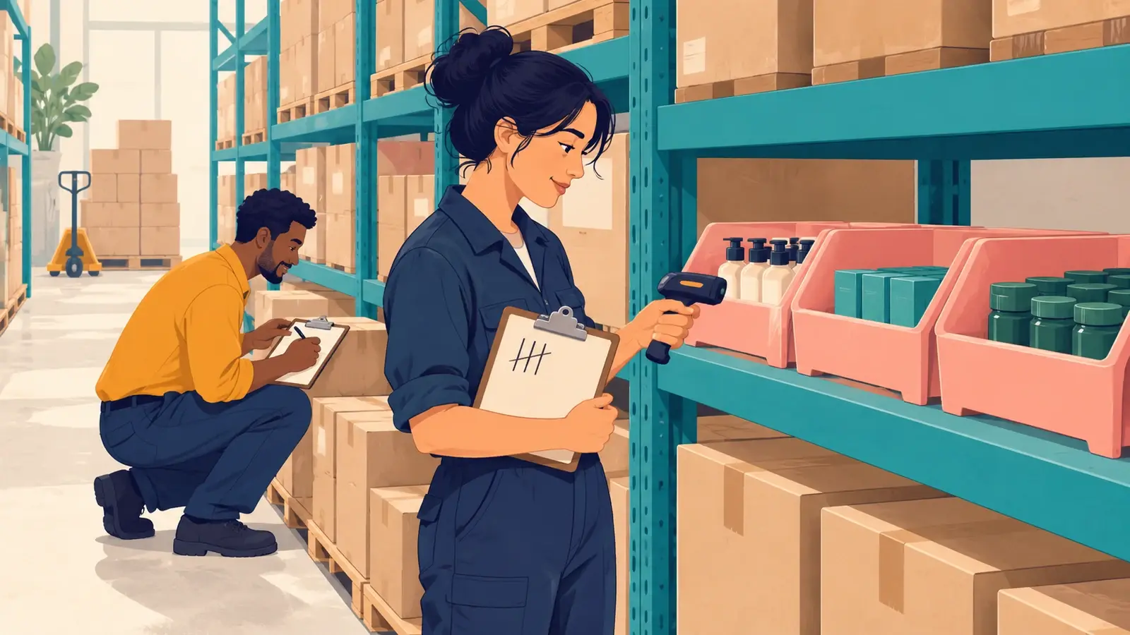 Warehouse staff scan product bins and count cartons during an inventory cycle count.