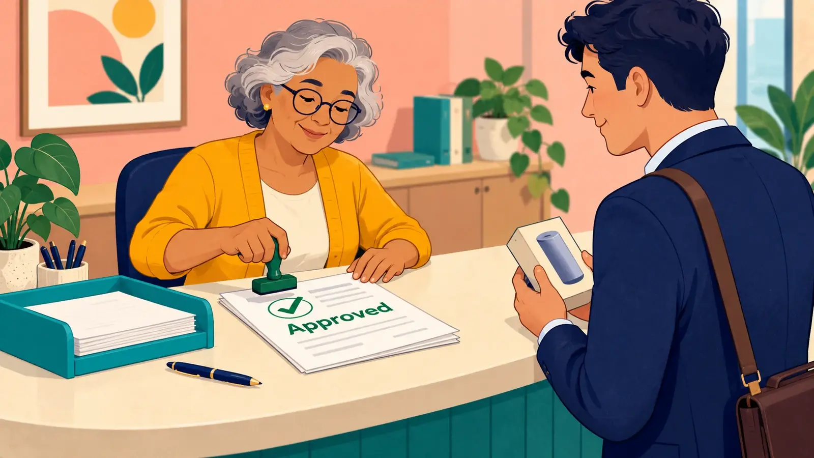 A purchasing approver stamps a request Approved while a colleague presents a product sample.