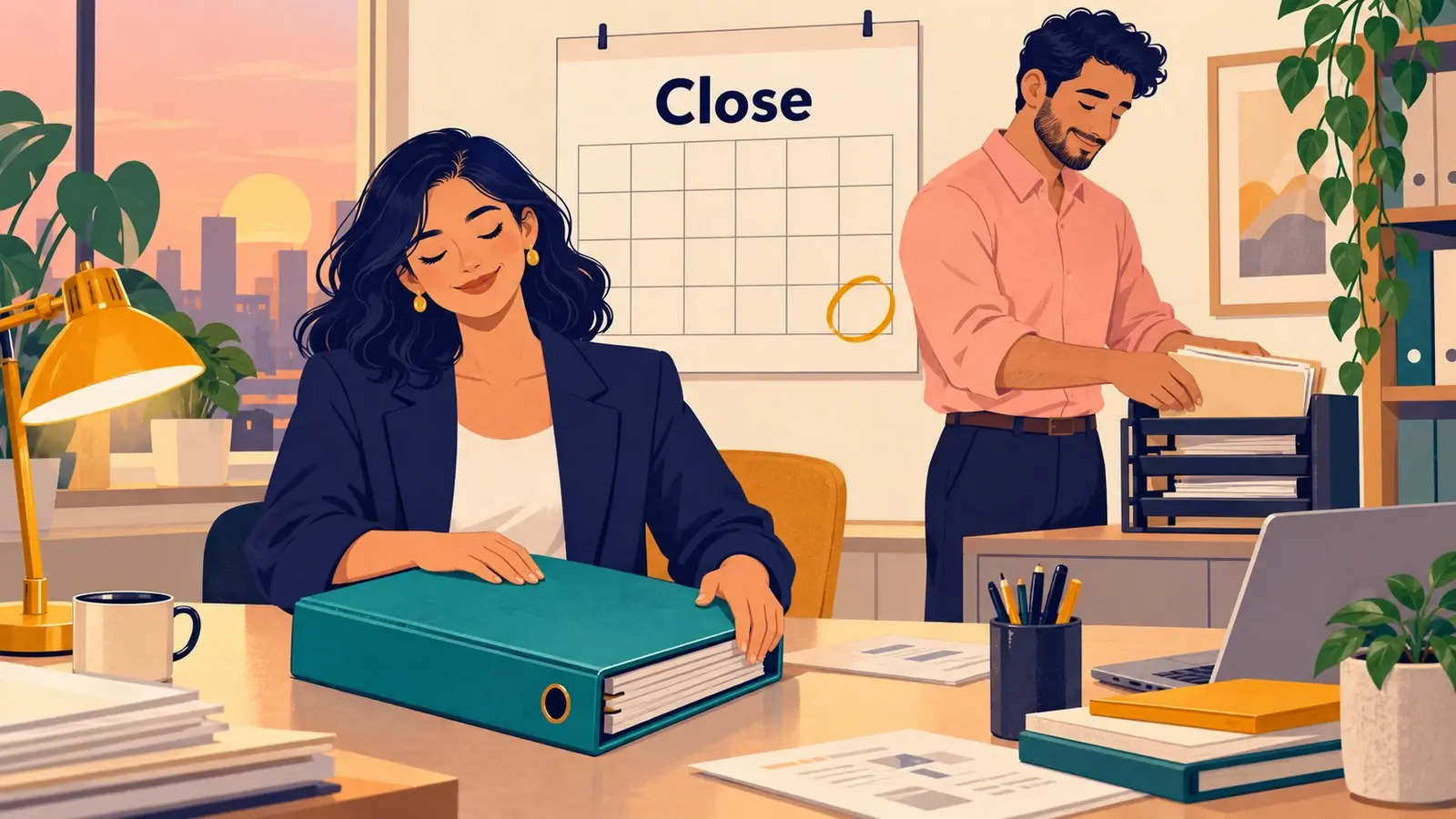 Finance colleagues close a ledger and file the final records for month-end.