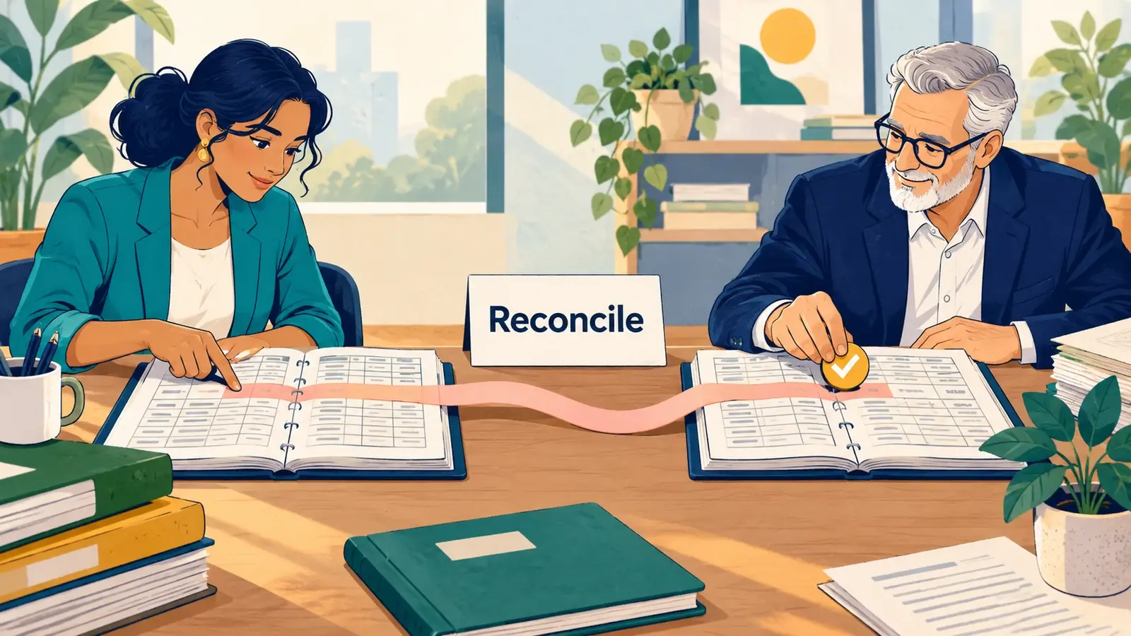 Two accountants compare linked ledger entries and matching value tokens.
