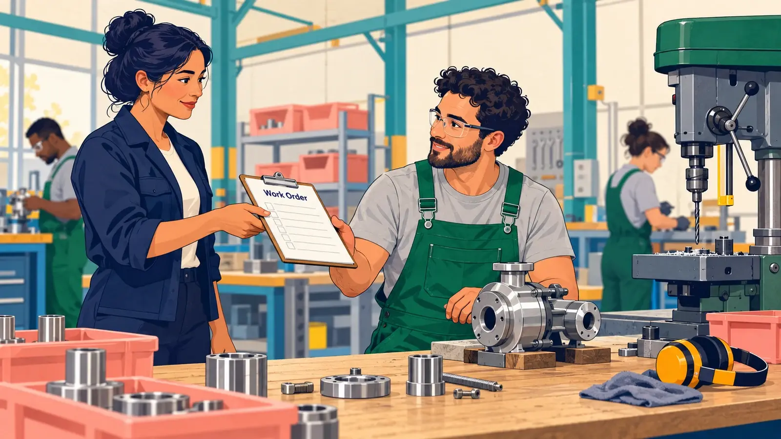 A factory supervisor hands a work-order clipboard to an assembly technician beside a production bench.