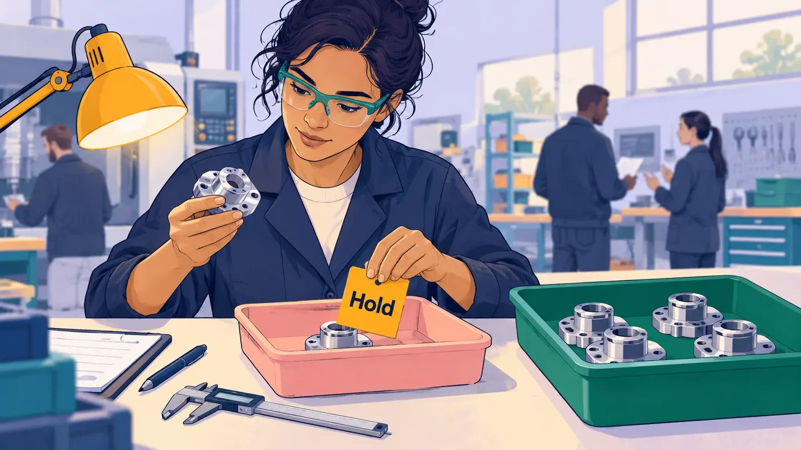 A quality inspector tags a questionable manufactured component for hold while approved parts remain separate.