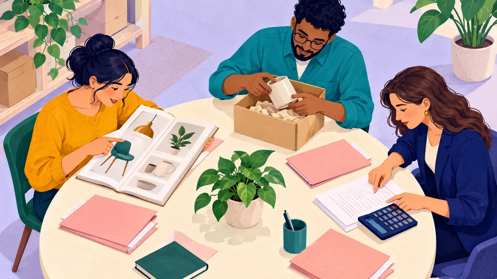 A purchasing team connects a supplier catalogue, received package and approved payment paperwork around a table.