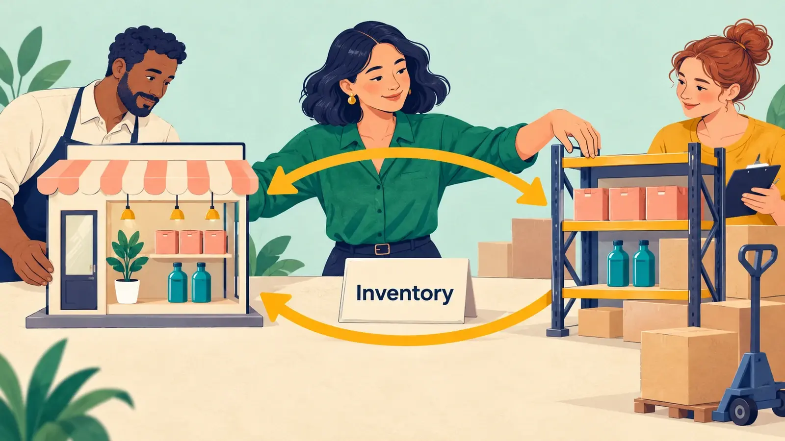 An ecommerce stock specialist compares matching product quantities between a small storefront model and warehouse shelving.
