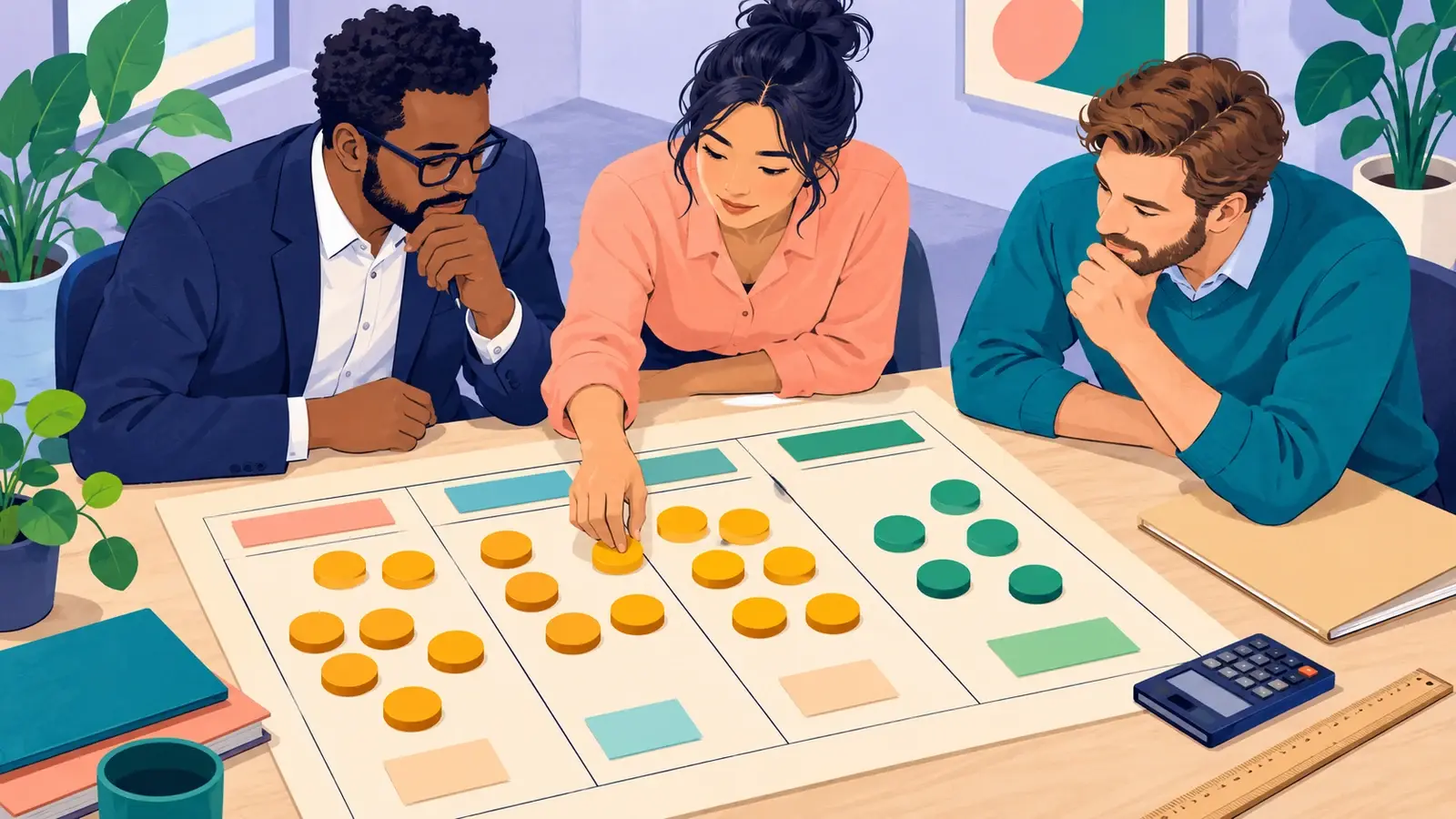 Consultants compare project effort tokens with a budget allocation on a large planning board.