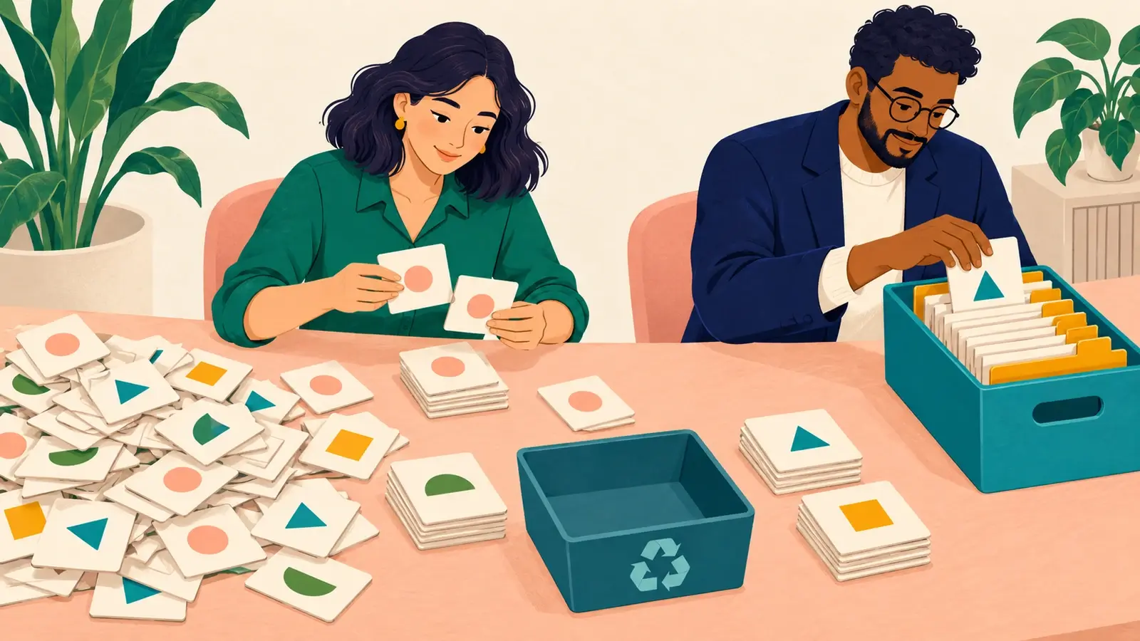 Analysts organize mixed record cards into a clean file, illustrating preparation for data migration.