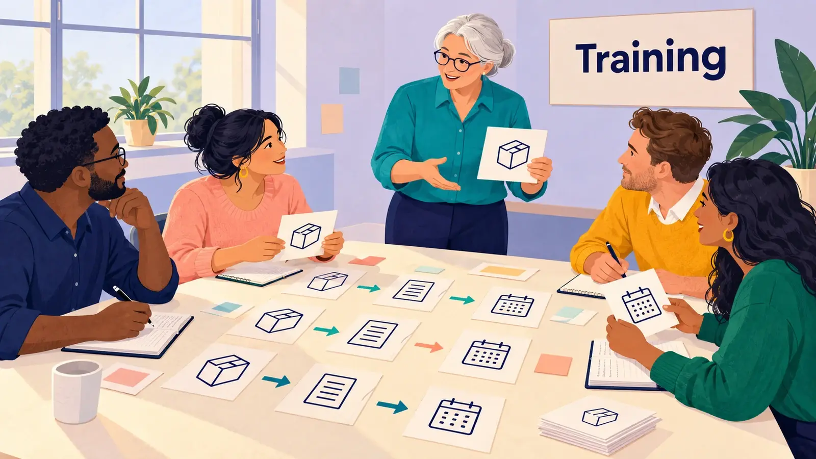 An instructor guides four adult colleagues through a paper-based enterprise workflow exercise at a training table.