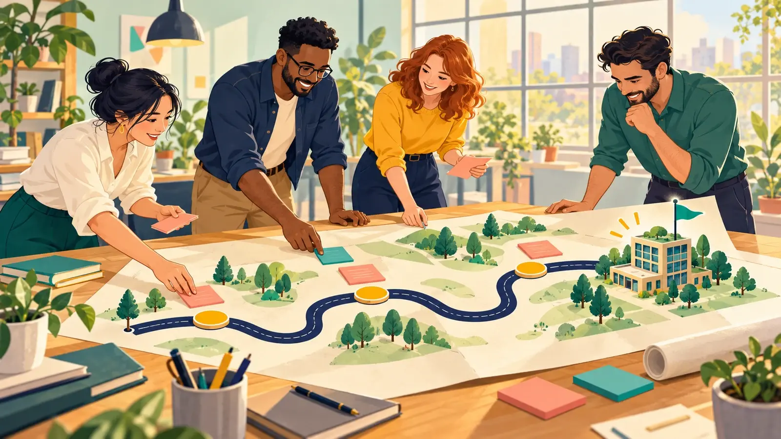 A leadership team maps a business growth journey using milestone cards, a path and model buildings.